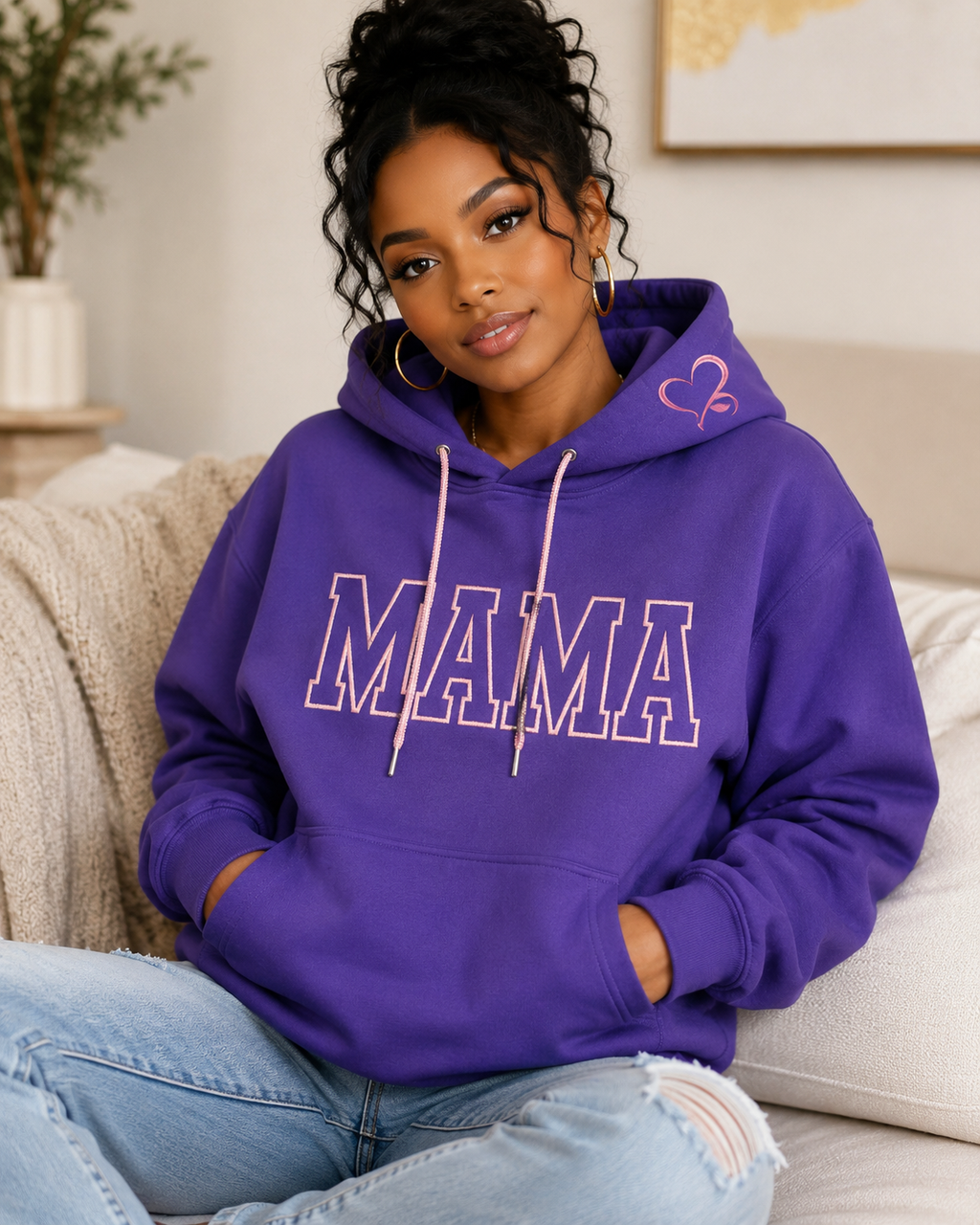 Mama Hoodie – Embroidered Pink Heart with Bling Drawstrings