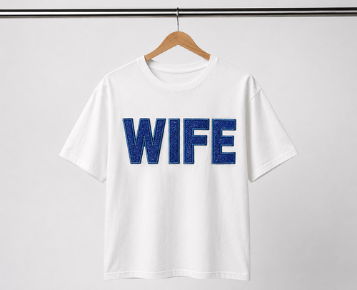 Blue Glitter Embroidered "WIFE" Tee
