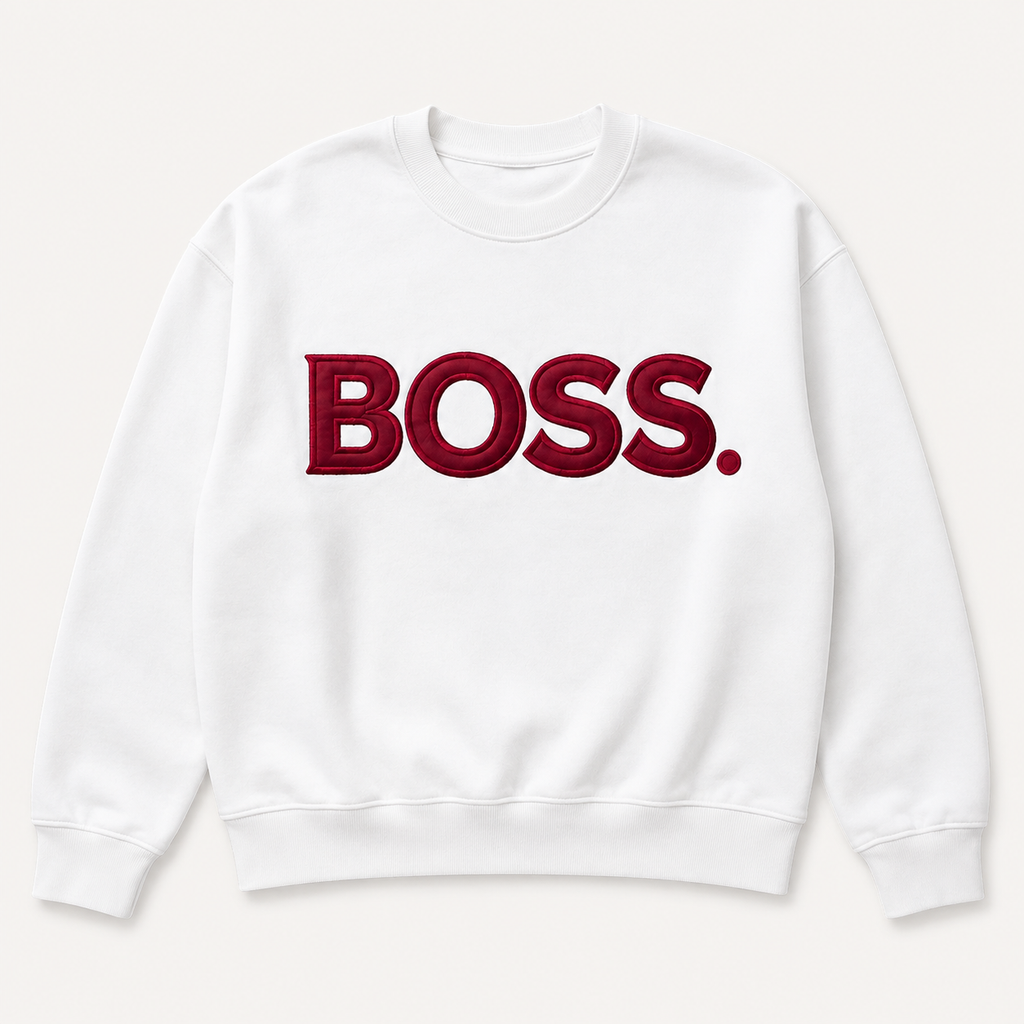White BOSS satin applique embroidered sweatshirt flat lay