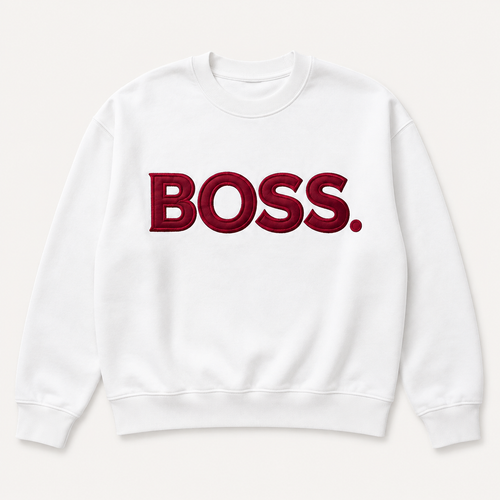 White BOSS satin applique embroidered sweatshirt flat lay