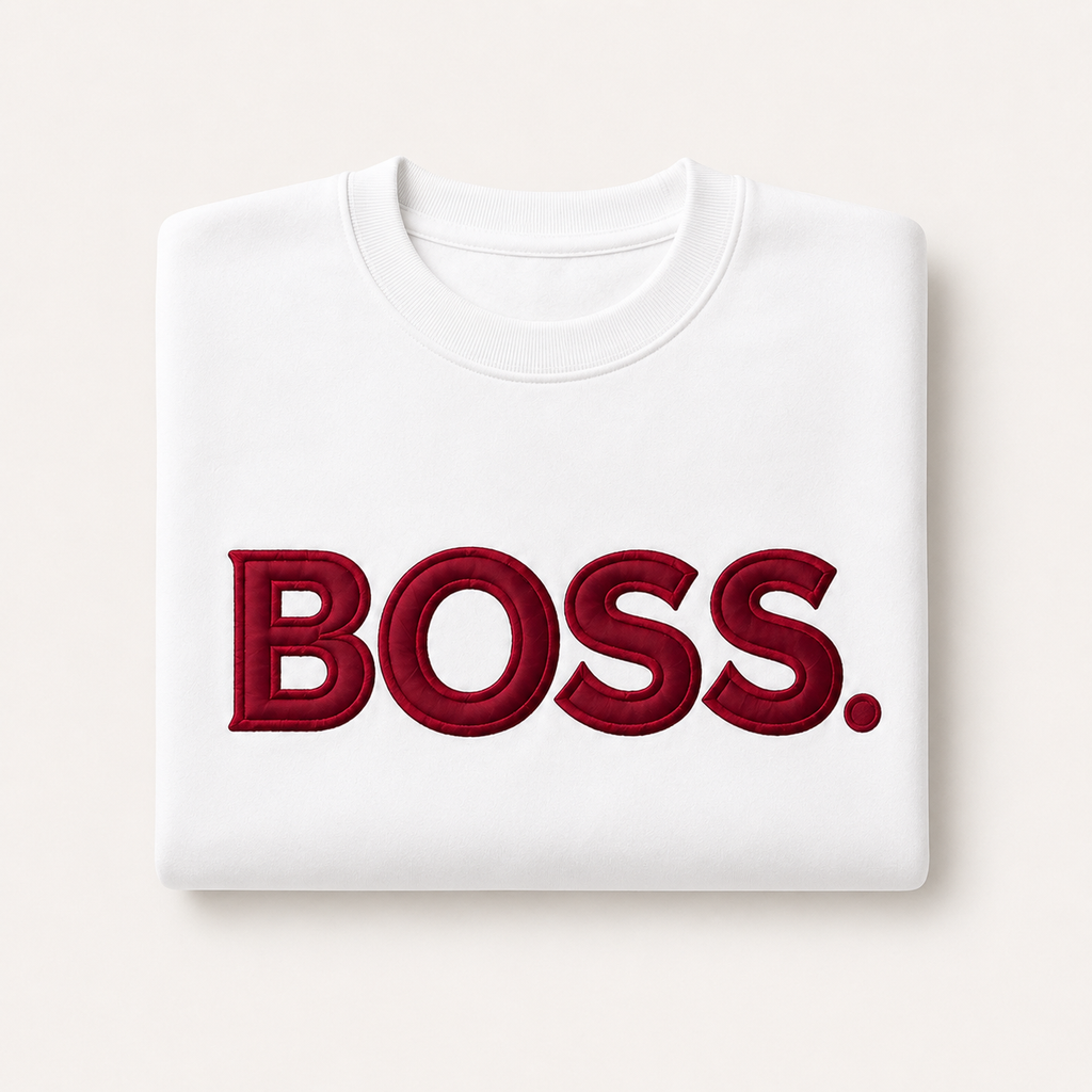 Folded white BOSS satin applique embroidered sweatshirt