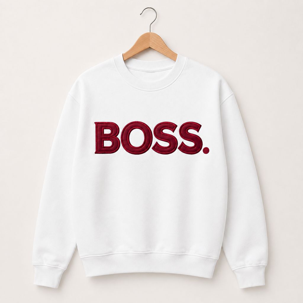 White BOSS satin applique embroidered sweatshirt on wood hanger