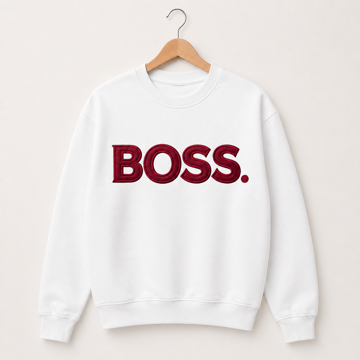 White BOSS satin applique embroidered sweatshirt on wood hanger
