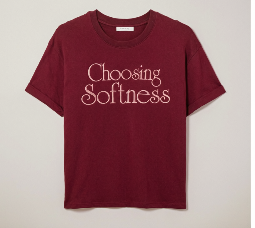 Burgundy Choosing Softness embroidered tee flat lay