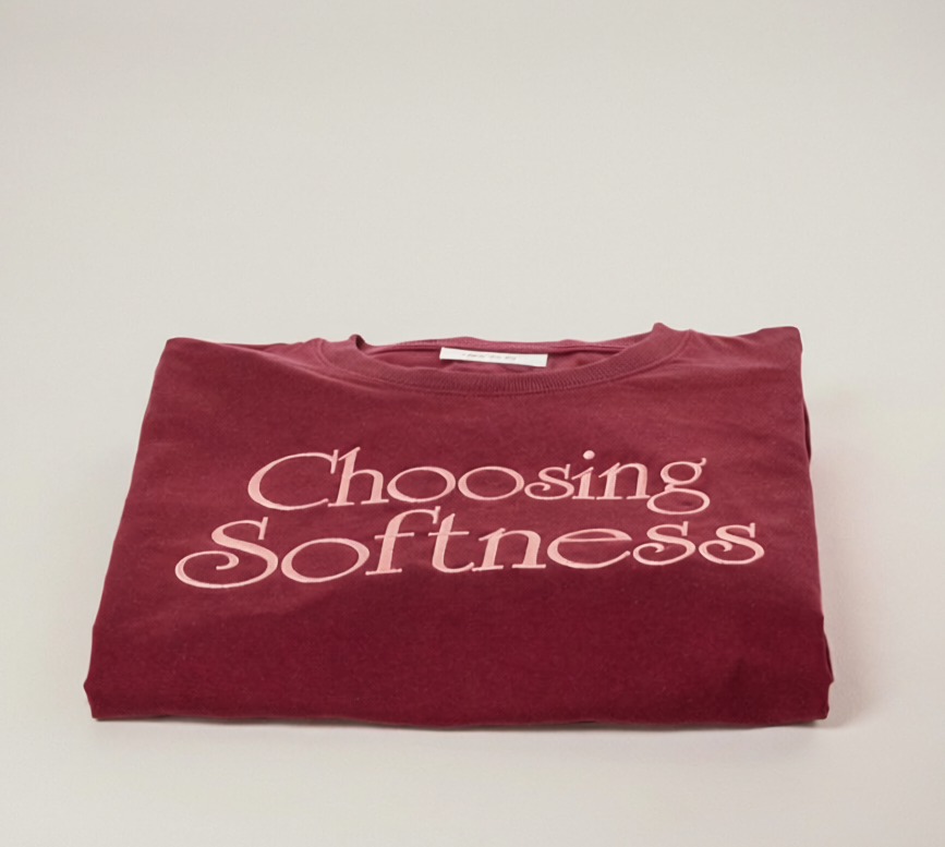Folded burgundy Choosing Softness embroidered tee