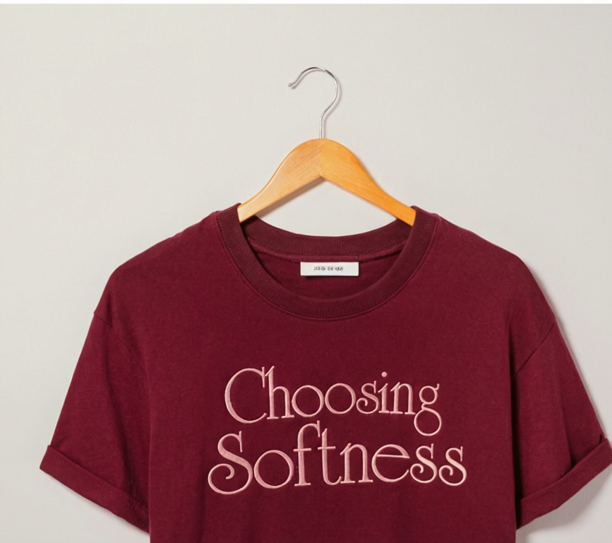 Burgundy Choosing Softness embroidered tee on wooden hanger