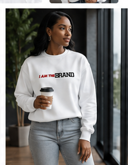 Woman modeling the white I AM THE BRAND embroidered sweatshirt