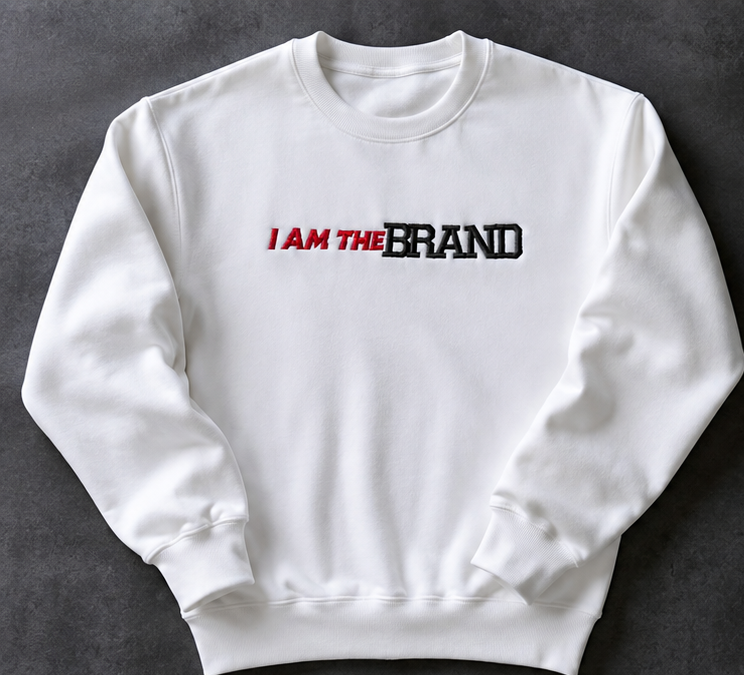 White I AM THE BRAND embroidered sweatshirt flat lay