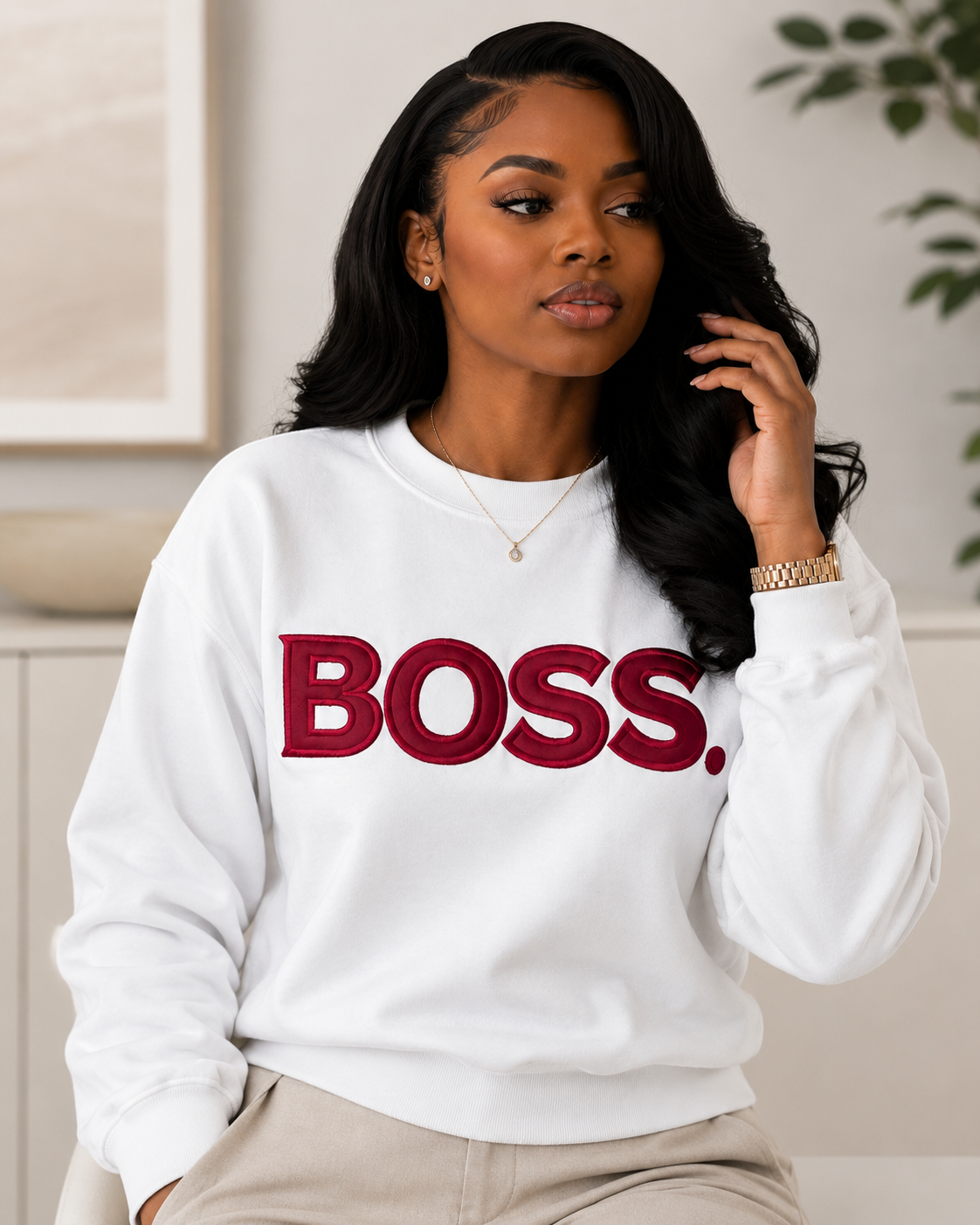 Model wearing white BOSS satin applique embroidered sweatshirt by Pressora Prints
