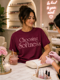 Model wearing burgundy Choosing Softness embroidered tee by Pressora Prints