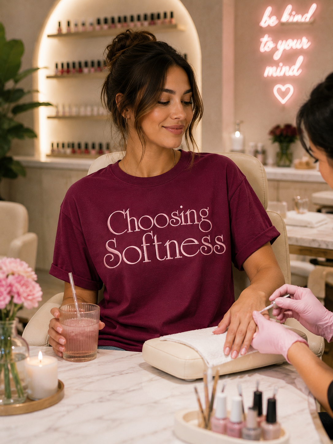 Model wearing burgundy Choosing Softness embroidered tee by Pressora Prints