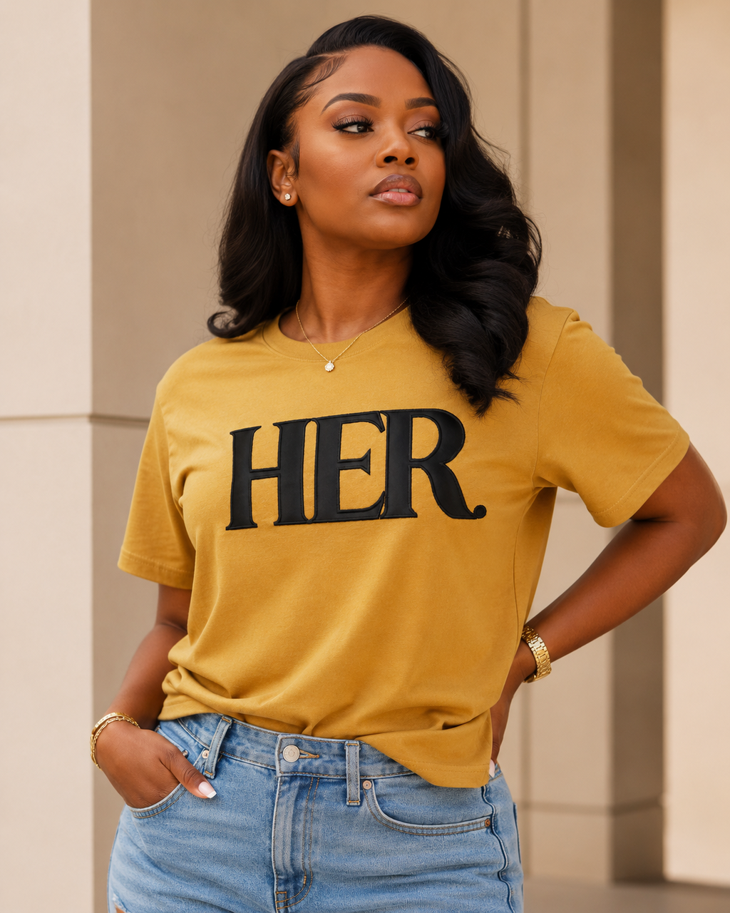 Model wearing mustard HER satin applique embroidered tee by Pressora Prints