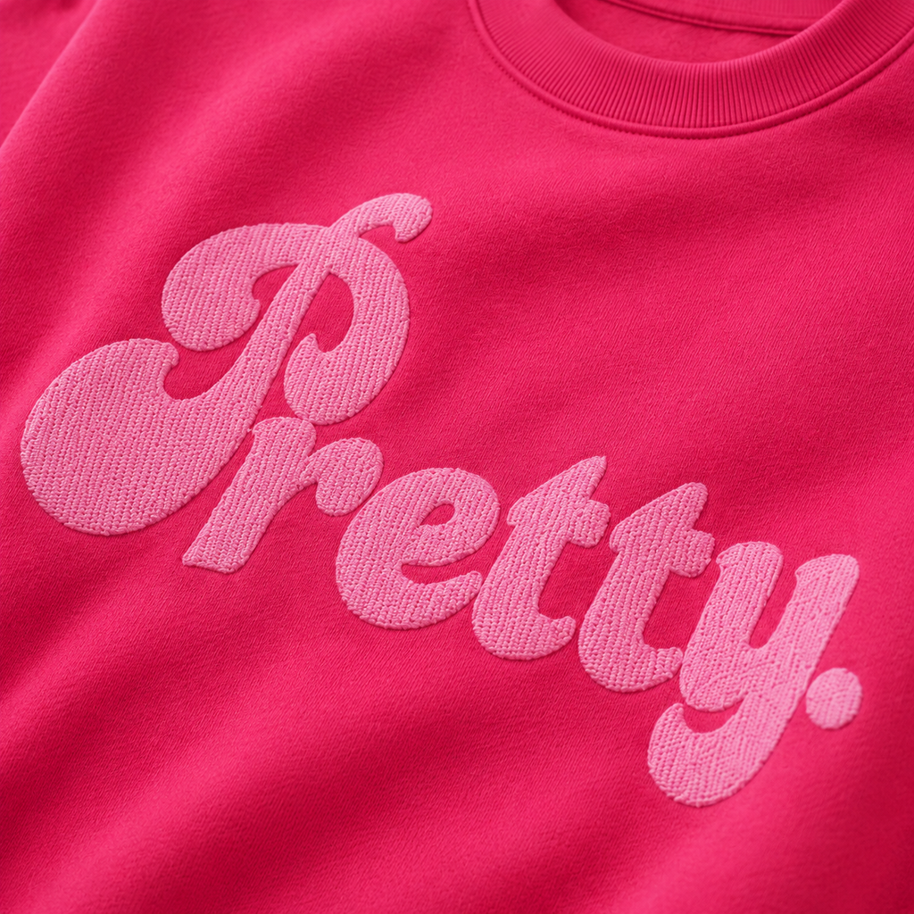 Close-up of light pink Pretty embroidery on bright pink crewneck sweatshirt