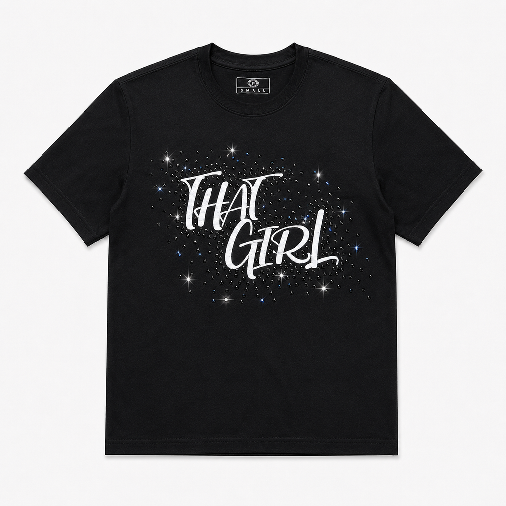 Flat lay of black THAT GIRL rhinestone statement tee