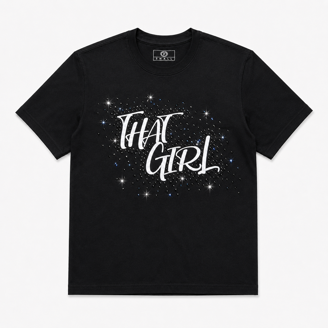 Flat lay of black THAT GIRL rhinestone statement tee