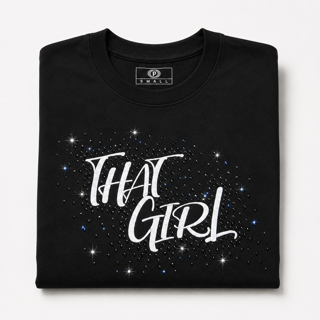 Folded black THAT GIRL rhinestone statement tee