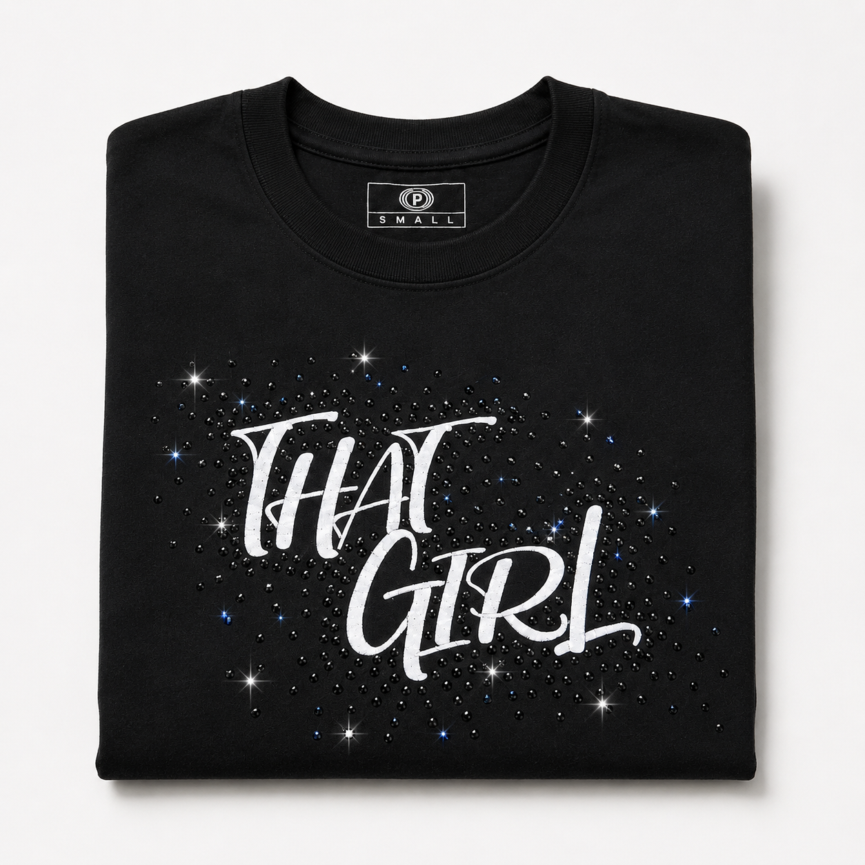 Folded black THAT GIRL rhinestone statement tee