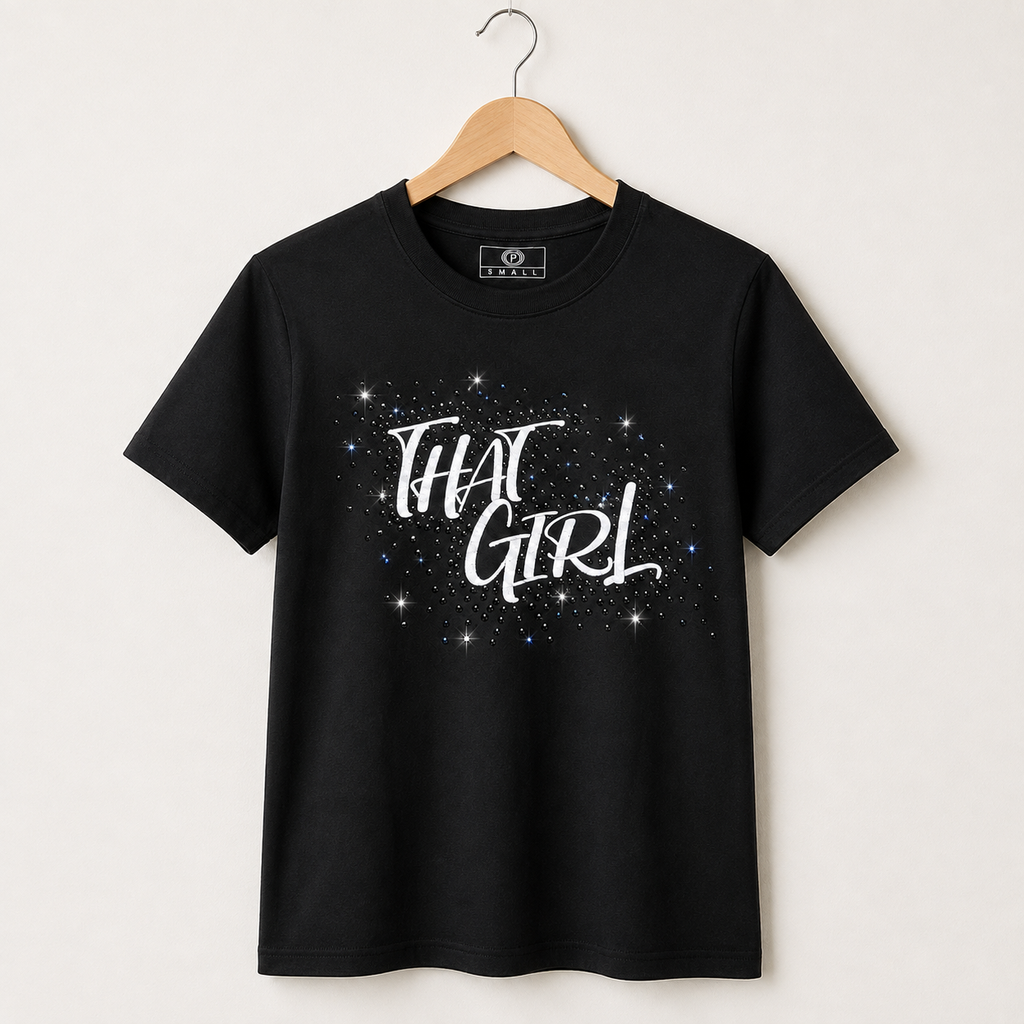 Black THAT GIRL rhinestone statement tee on wooden hanger