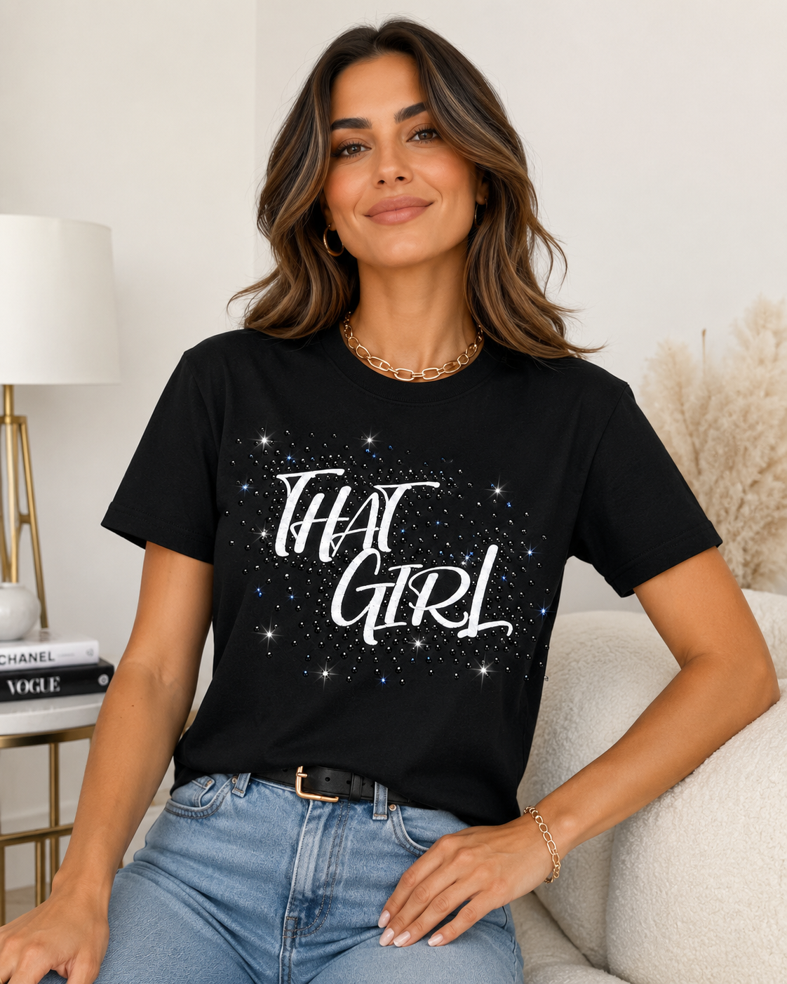 Lifestyle model wearing black THAT GIRL rhinestone statement tee